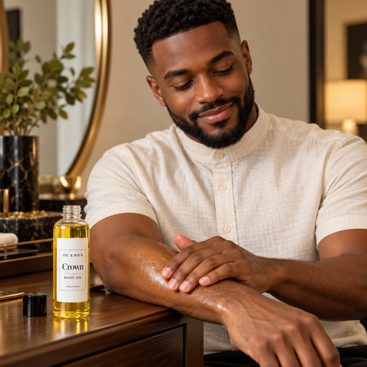 Crown body oil — Black man applying body oil