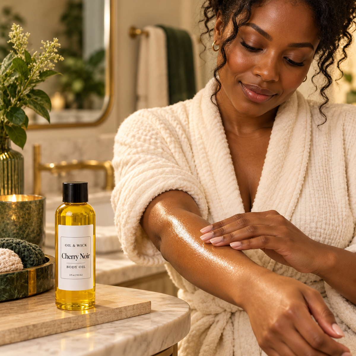 Cherry Noir body oil — woman applying oil to her arm