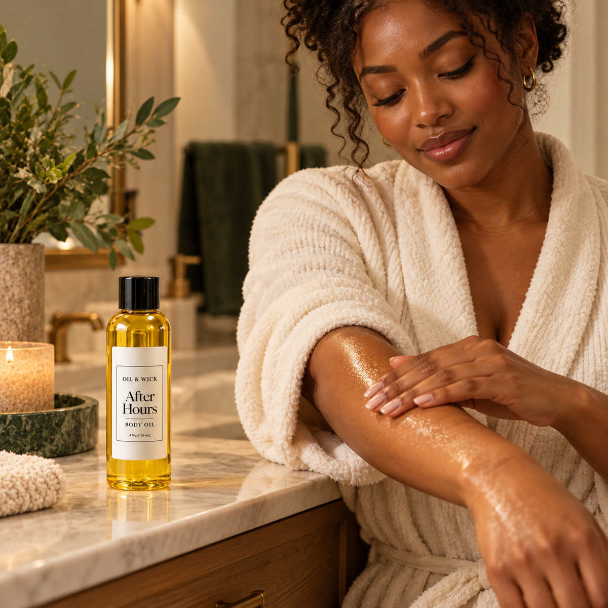 After Hours body oil — woman applying oil to her arm