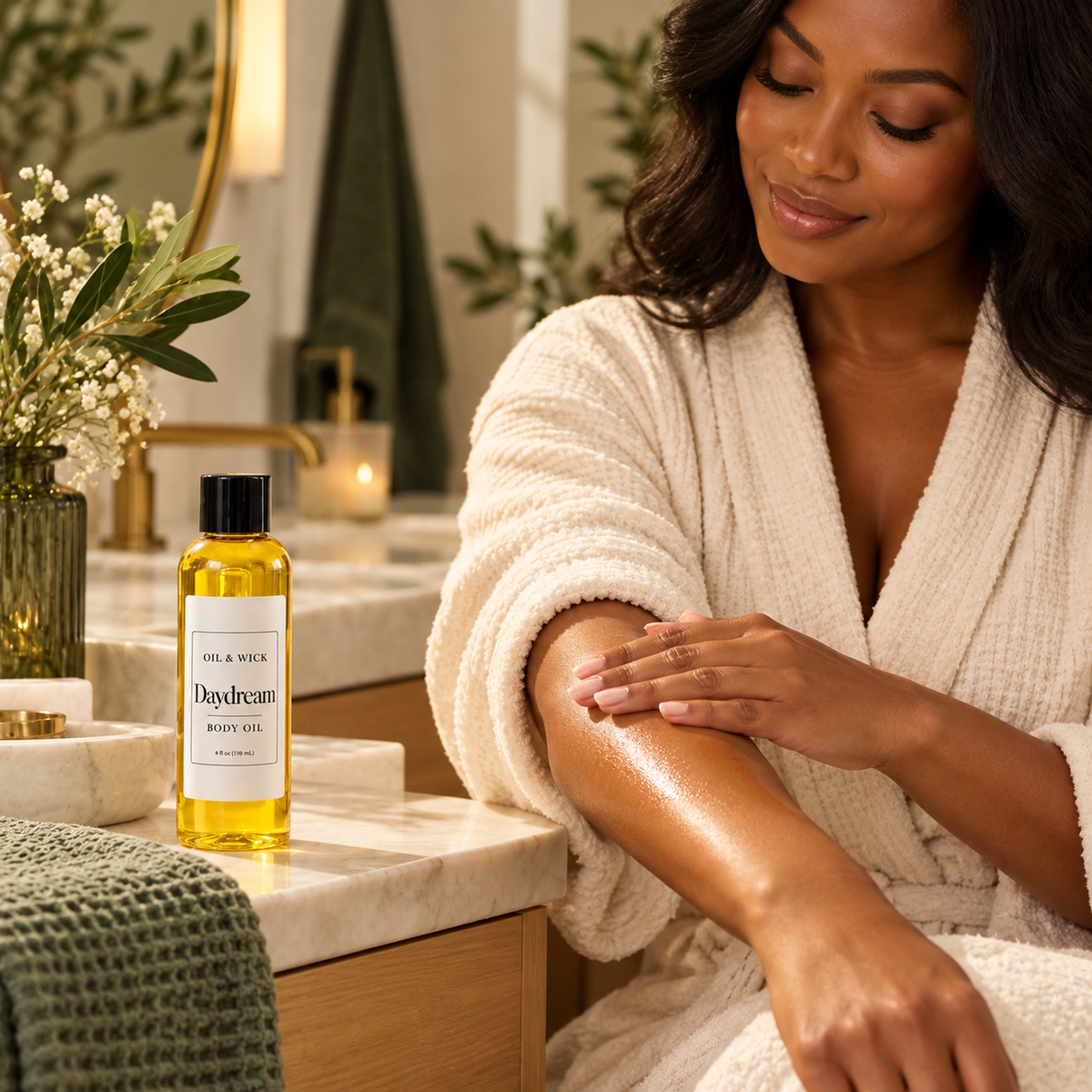 Daydream body oil — woman applying oil to her arm