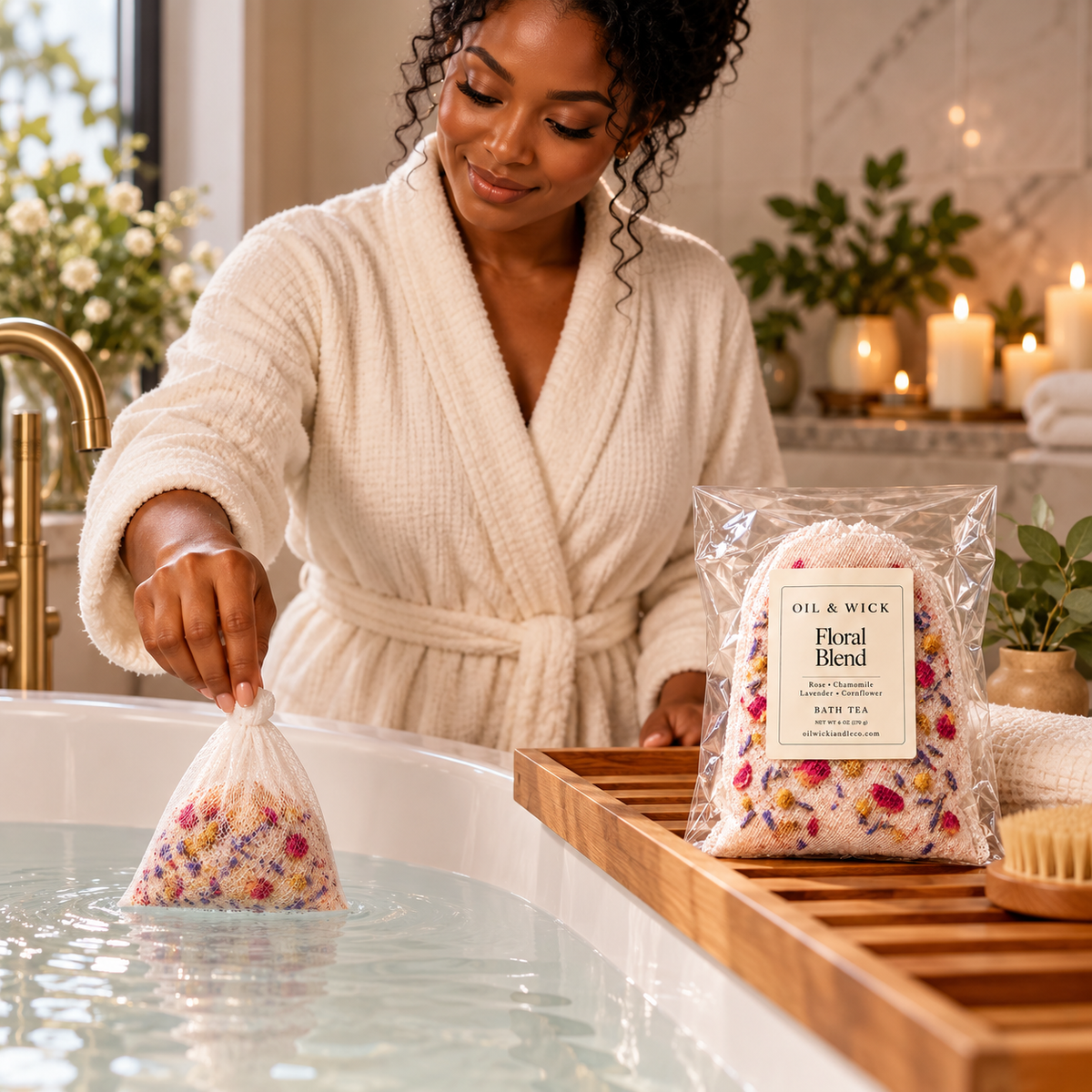 Floral Blend Bath Tea – 6 oz — preparing a bath