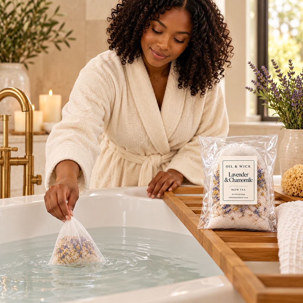 Lavender & Chamomile Bath Tea – 6 oz — preparing a bath