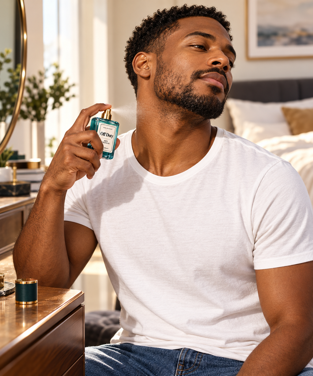 Black man applying Oil & Wick Off Duty cologne