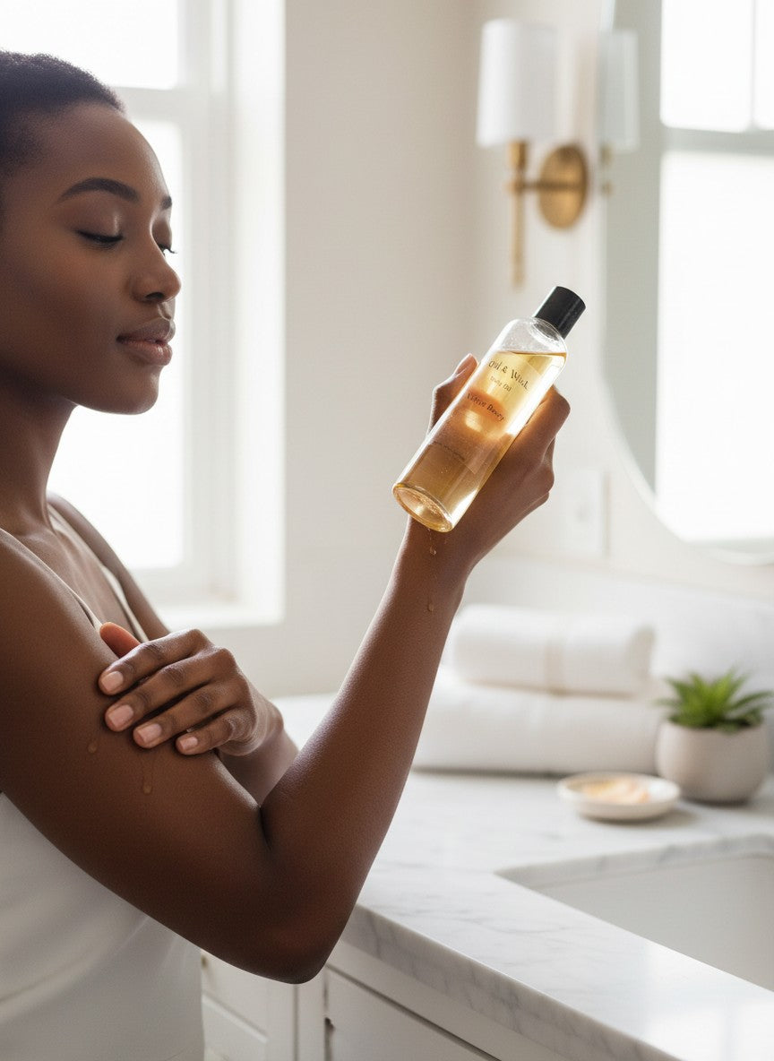 Oil & Wick Candle CO. Soft Glow Body Oil in Velvet Berry scent, a lightweight, nourishing oil for silky smooth, moisturized skin.