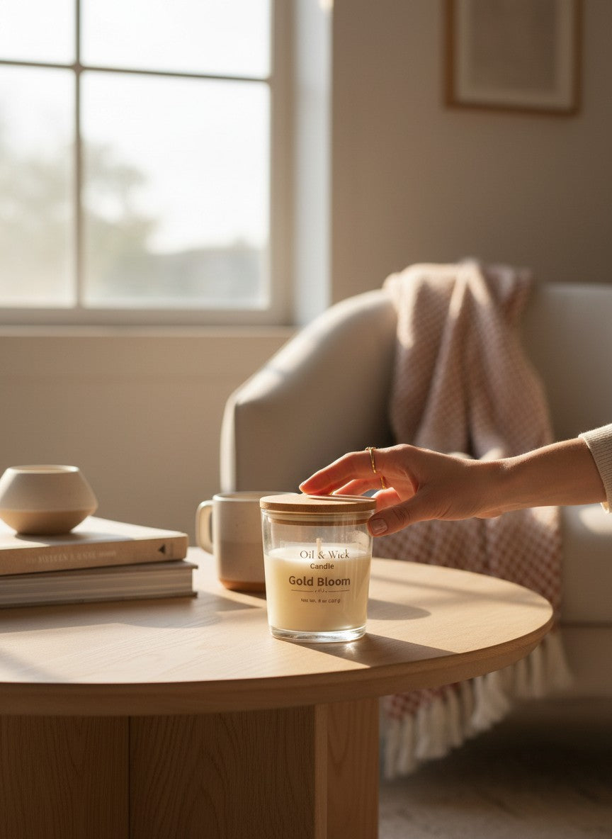 Oil & Wick Candle CO. Gold Bloom 8 oz candle in a clear glass jar with a bamboo lid. Cream-colored wax.