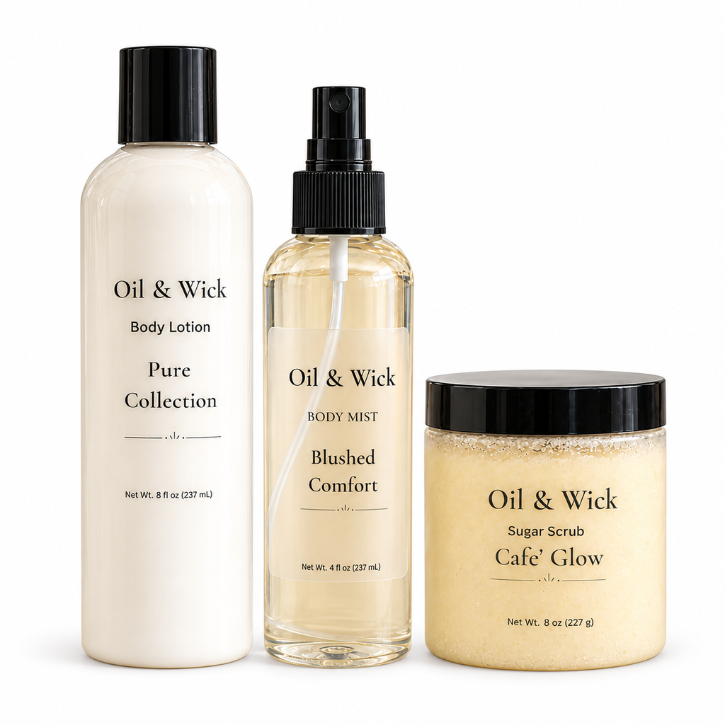 Glow Bath & Body Set – Lotion, Mist & Sugar Scrub on white background