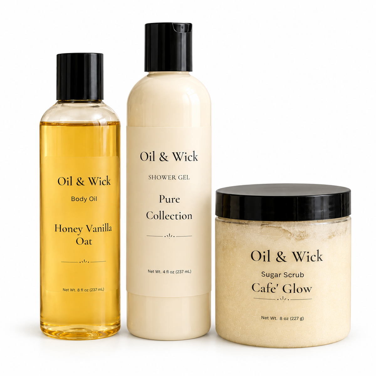 Smooth & Glow Set – Sugar Scrub, Body Oil & Shower Gel on white background