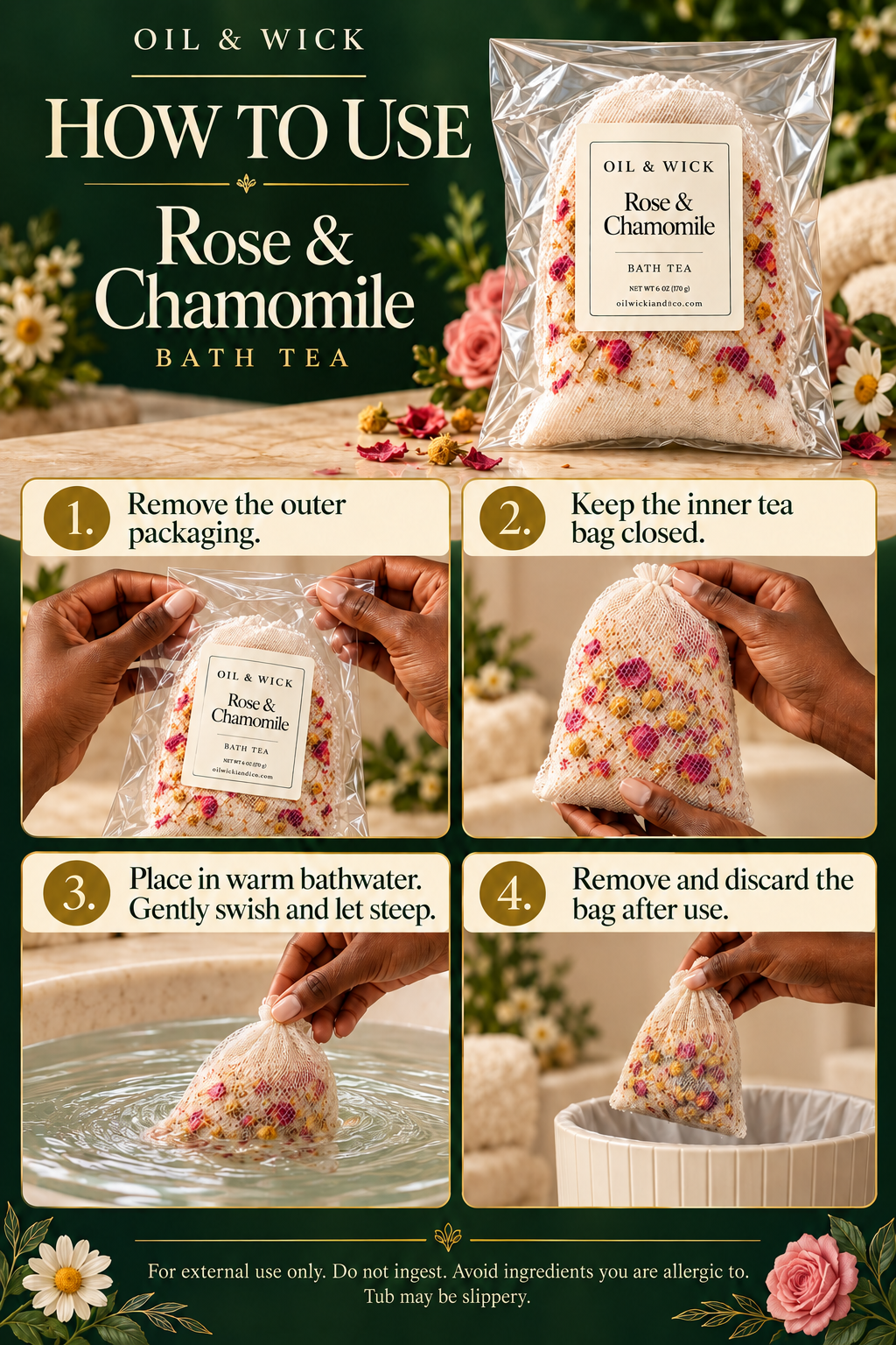 Rose & Chamomile Bath Tea – 6 oz — how to use