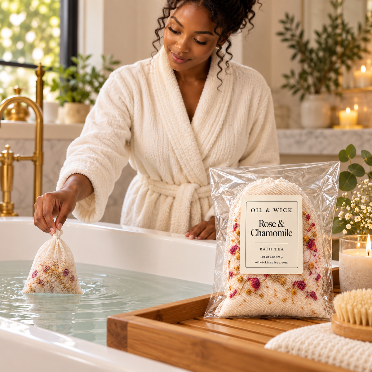 Rose & Chamomile Bath Tea – 6 oz — preparing a bath