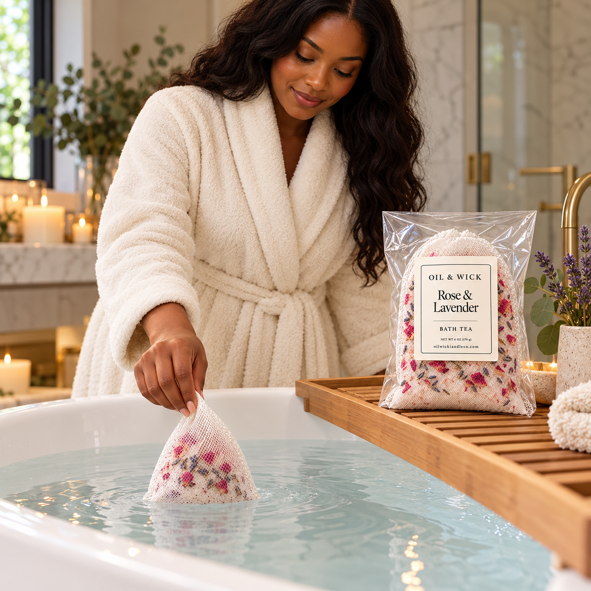 Rose & Lavender Bath Tea – 6 oz — preparing a bath