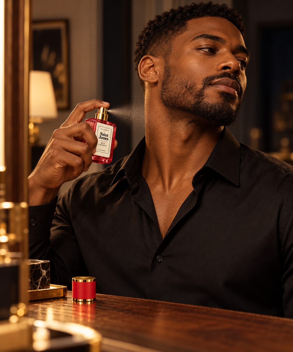 Black man applying Oil & Wick Saint James cologne