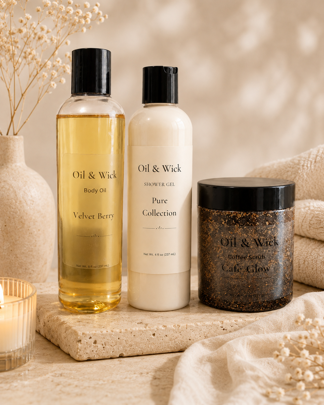 Body oil + shower gel + coffee scrub