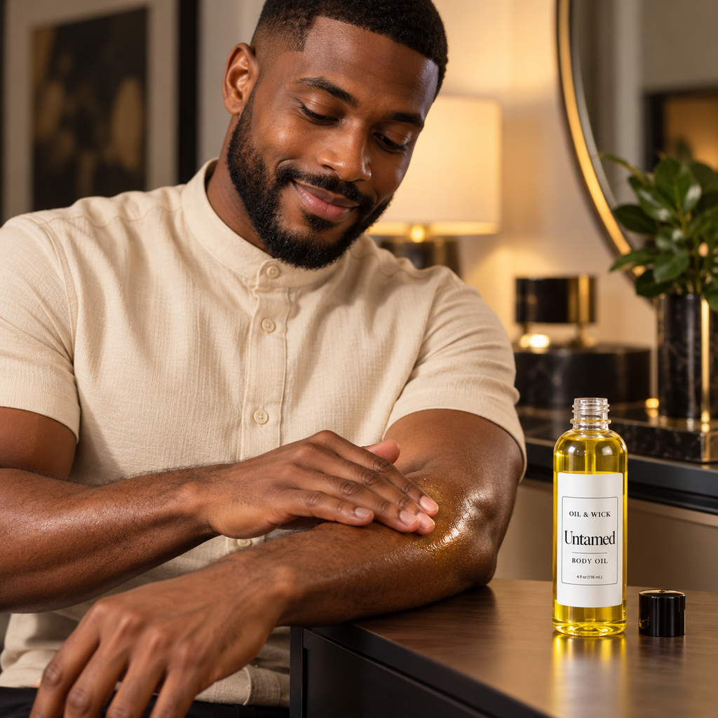 Untamed body oil — Black man applying body oil