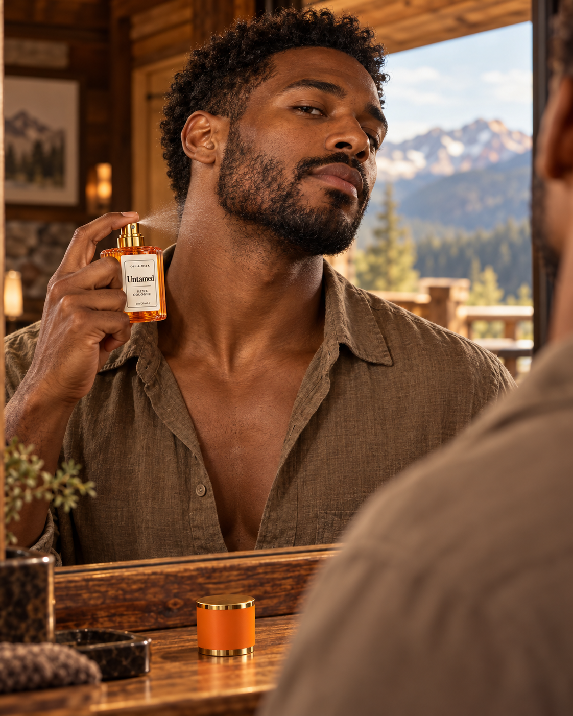Black man applying Oil & Wick Untamed cologne