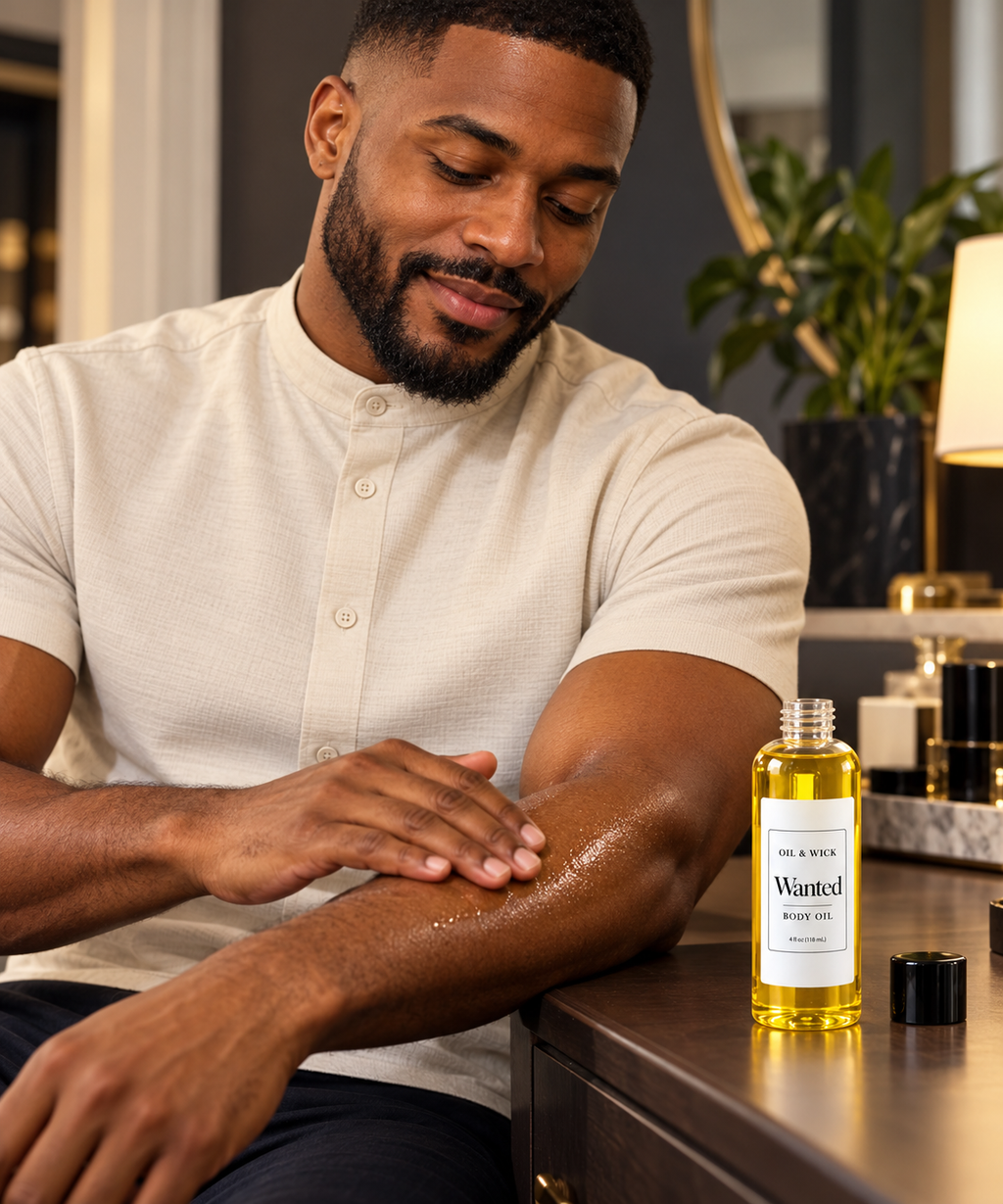Wanted body oil — Black man applying body oil