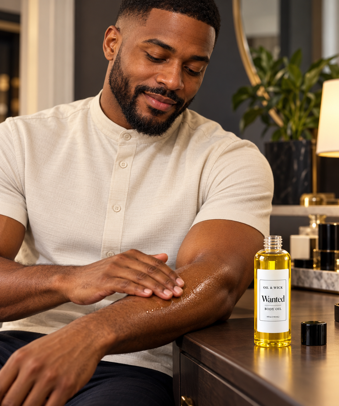 Wanted body oil — Black man applying body oil